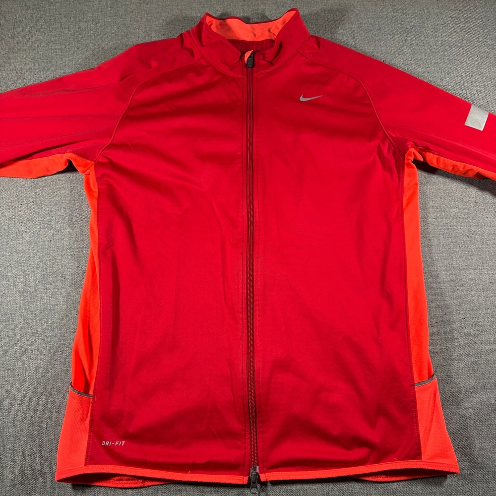 Nike Dri-FIT Running Jacket Mens L Red Orange Full Zip Thumbhole Reflective